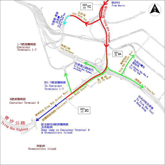 Exit Routes from Tsing Sha Highway Westbound to Kowloon and Kwai Chung Sides